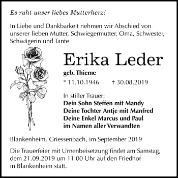 Traueranzeige von Erika Leder von Super Sonntag Sangerhausen