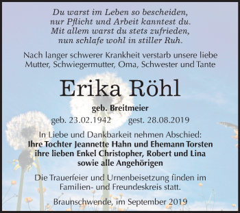 Traueranzeige von Erika Röhl von Wochenspiegel Quedlinburg