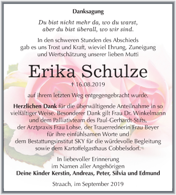 Traueranzeige von Erika Schulze von Mitteldeutsche Zeitung Wittenberg