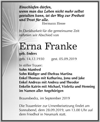 Traueranzeige von Erna Franke von Mitteldeutsche Zeitung Merseburg/Querfurt