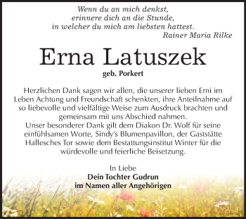 Traueranzeige von Erni Latuszek von Mitteldeutsche Zeitung Bitterfeld
