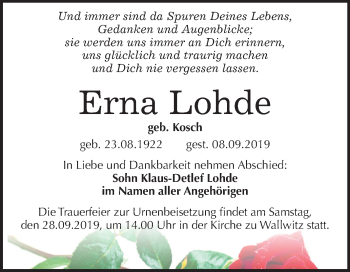 Traueranzeige von Erna Lohde von Mitteldeutsche Zeitung Halle/Saalkreis