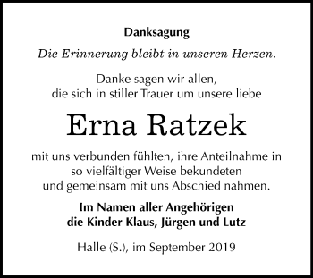 Traueranzeige von Erna Ratzek von Mitteldeutsche Zeitung Halle/Saalkreis