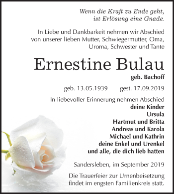 Traueranzeige von Ernestine Bulau von Mitteldeutsche Zeitung Mansfelder Land