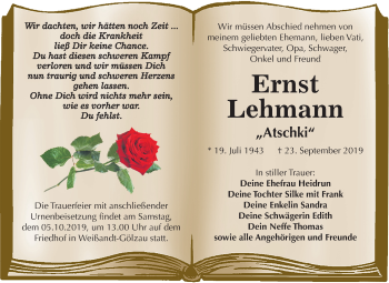 Traueranzeige von Ernst Lehmann von Mitteldeutsche Zeitung Köthen
