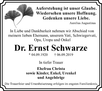 Traueranzeige von Ernst Schwarze von Wochenspiegel Dessau-Roßlau