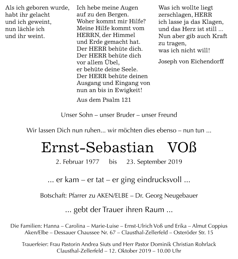  Traueranzeige für Ernst-Sebastian VOß vom 28.09.2019 aus Mitteldeutsche Zeitung Köthen