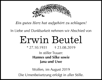 Traueranzeige von Erwin Beutel von Mitteldeutsche Zeitung Bitterfeld