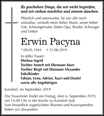 Traueranzeige von Erwin Pacyna von Mitteldeutsche Zeitung Naumburg/Nebra