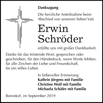 Traueranzeige von Erwin Schröder von Mitteldeutsche Zeitung Mansfelder Land