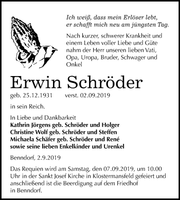 Traueranzeige von Erwin Schröder von Mitteldeutsche Zeitung Mansfelder Land