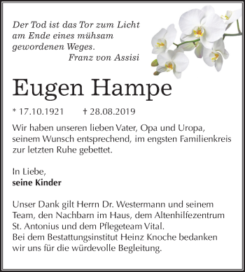 Traueranzeige von Eugen Hampe von Super Sonntag Aschersleben