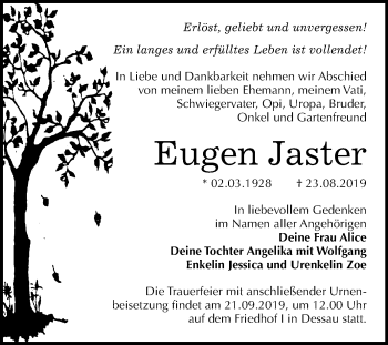 Traueranzeige von Eugen Jaster von Mitteldeutsche Zeitung Dessau-Roßlau