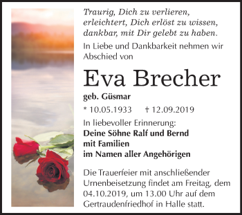 Traueranzeige von Eva Brecher von Mitteldeutsche Zeitung Halle/Saalkreis