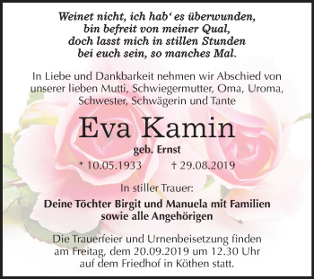 Traueranzeige von Eva Kamin von Super Sonntag Köthen