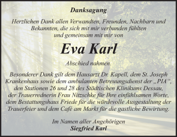 Traueranzeige von Eva Karl von Mitteldeutsche Zeitung Wittenberg