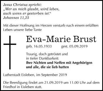 Traueranzeige von Eva-Marie Brust von Wochenspiegel Mansfelder Land