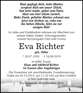 Traueranzeige von Eva Richter von Mitteldeutsche Zeitung Quedlinburg