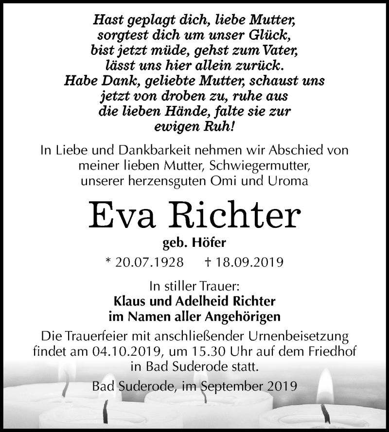  Traueranzeige für Eva Richter vom 28.09.2019 aus Mitteldeutsche Zeitung Quedlinburg
