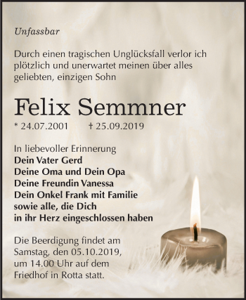 Traueranzeige von Felix Semmner von Super Sonntag Wittenberg