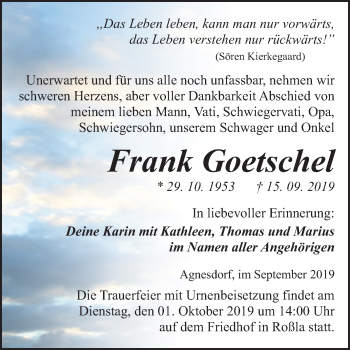 Traueranzeige von Frank Goetschel von Super Sonntag Sangerhausen