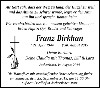 Traueranzeige von Franz Birkhan von Super Sonntag Aschersleben