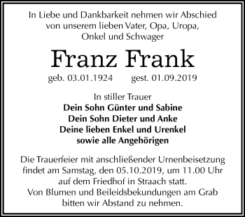 Traueranzeige von Franz Frank von Super Sonntag Wittenberg
