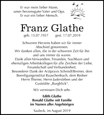Traueranzeige von Franz Glathe von Wochenspiegel Naumburg/Nebra