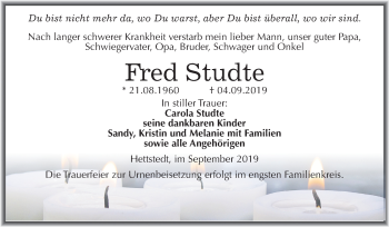 Traueranzeige von Fred Studte von Mitteldeutsche Zeitung Mansfelder Land