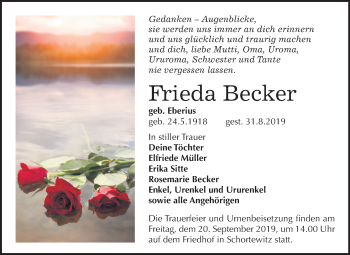 Traueranzeige von Frieda Becker von Super Sonntag Köthen