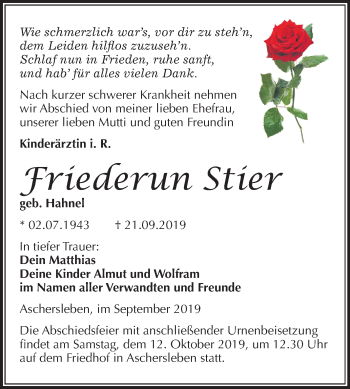 Traueranzeige von Friederun Stier von Mitteldeutsche Zeitung Aschersleben