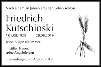 Traueranzeige von Friedrich Kutschinski von Super Sonntag Mansfelder Land