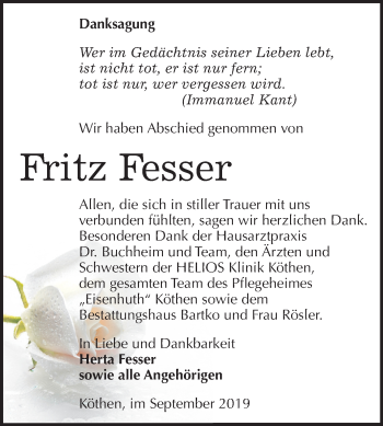 Traueranzeige von Fritz Fesser von Super Sonntag Köthen