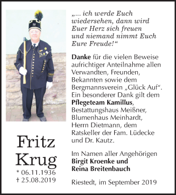 Traueranzeige von Fritz Krug von Mitteldeutsche Zeitung Sangerhausen