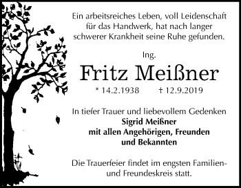 Traueranzeige von Fritz Meißner von Super Sonntag Dessau-Roßlau