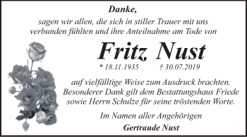 Traueranzeige von Fritz Nust von Mitteldeutsche Zeitung Dessau-Roßlau