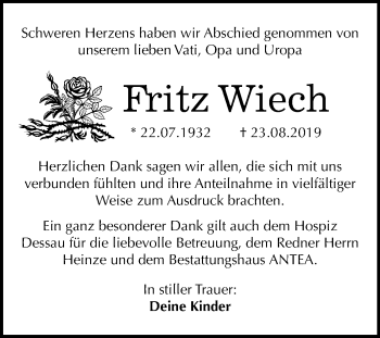 Traueranzeige von Fritz Wiech von Mitteldeutsche Zeitung Dessau-Roßlau