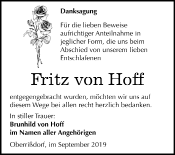 Traueranzeige von Fritz von Hoff von Wochenspiegel Mansfelder Land
