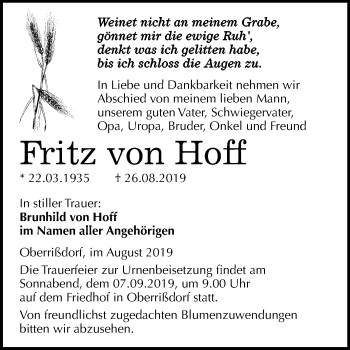 Traueranzeige von Fritz von Hoff von Wochenspiegel Mansfelder Land