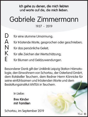 Traueranzeige von Gabriele Zimmermann von Wochenspiegel Weißenfels
