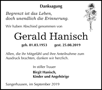 Traueranzeige von Gerald Hanisch von Mitteldeutsche Zeitung Sangerhausen