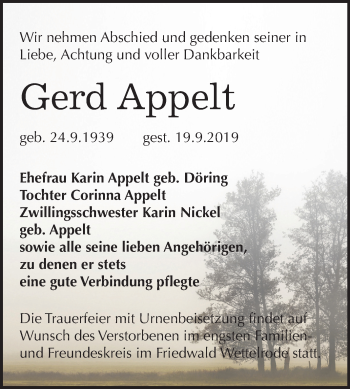 Traueranzeige von Gerd Appelt von Mitteldeutsche Zeitung Sangerhausen