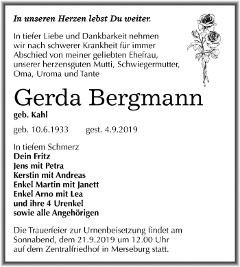 Traueranzeige von Gerda Bergmann von Super Sonntag Merseburg/Querfurt