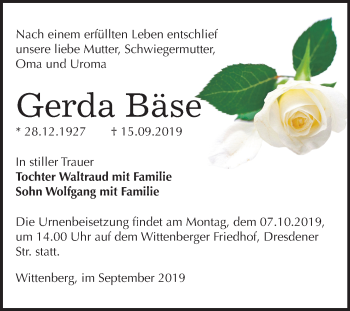 Traueranzeige von Gerda Bäse von Mitteldeutsche Zeitung Wittenberg