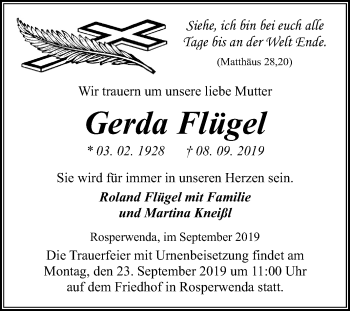 Traueranzeige von Gerda Flügel von Mitteldeutsche Zeitung Sangerhausen