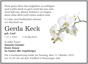 Traueranzeige von Gerda Keck von Mitteldeutsche Zeitung Naumburg/Nebra