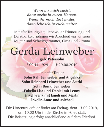 Traueranzeige von Gerda Leinweber von Mitteldeutsche Zeitung Bernburg