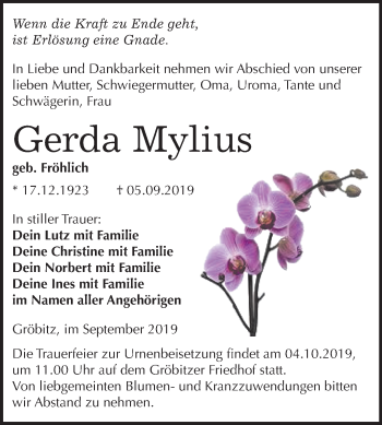 Traueranzeige von Gerda Mylius von Mitteldeutsche Zeitung Weißenfels