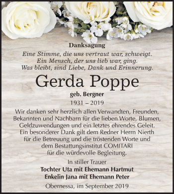 Traueranzeige von Gerda Poppe von Mitteldeutsche Zeitung Weißenfels