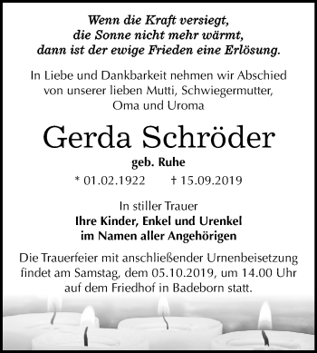 Traueranzeige von Gerda Schröder von Super Sonntag Quedlinburg